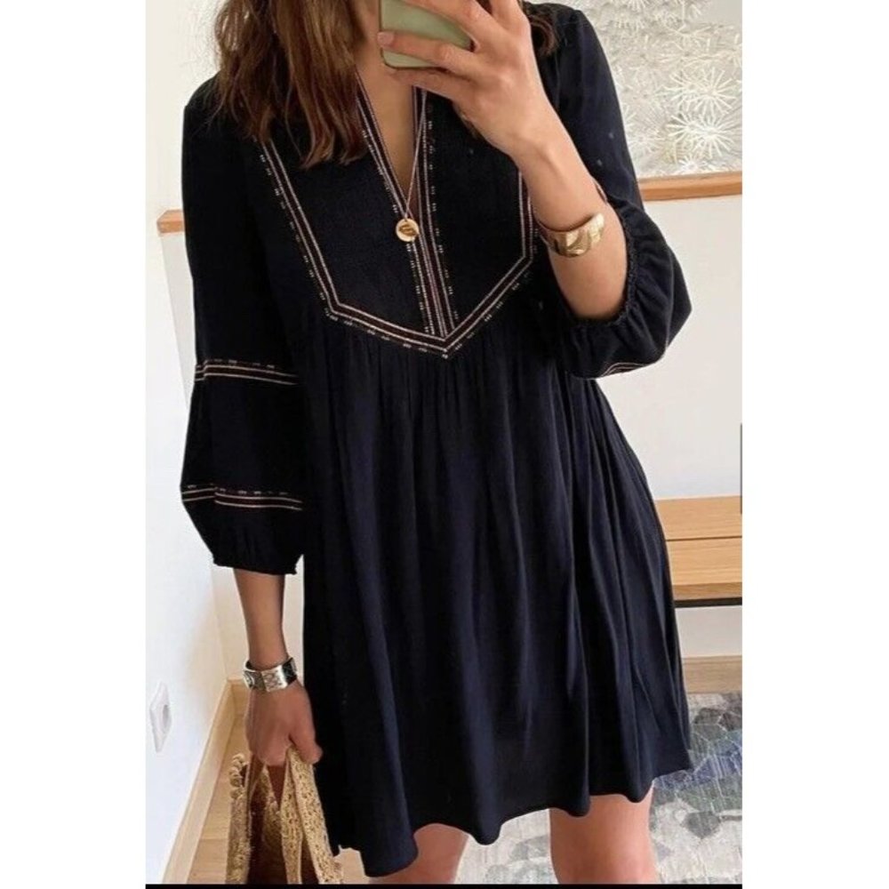 NWT Vaugu Bohemian V Neck Navy Blue Ribbon Accents Mini Dress Boho Peasant Sz‎ M